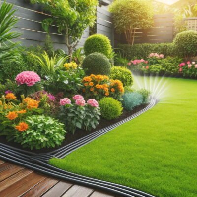 A beautiful small garden with well-maintained flower beds, freshly mowed lawn, and simple irrigation system. The garden features vibrant flowers and n